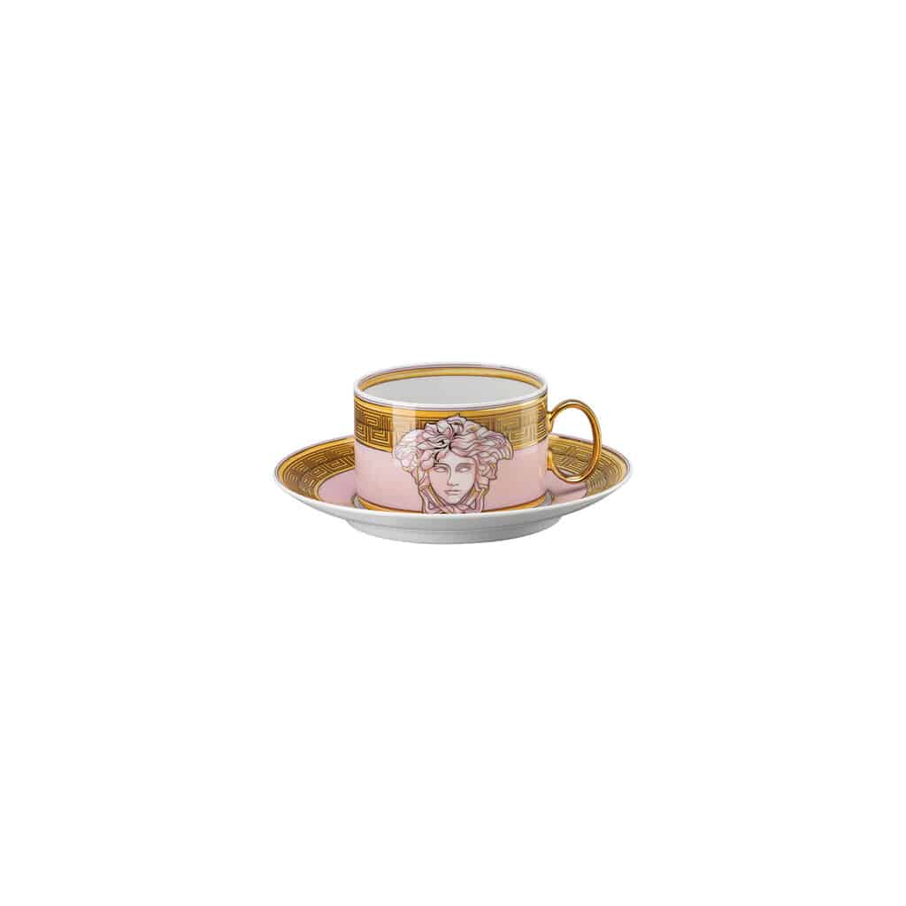 Versace Medusa Amplified Pink Coin Tea Cup and Saucer - Luxury Porcelain Set